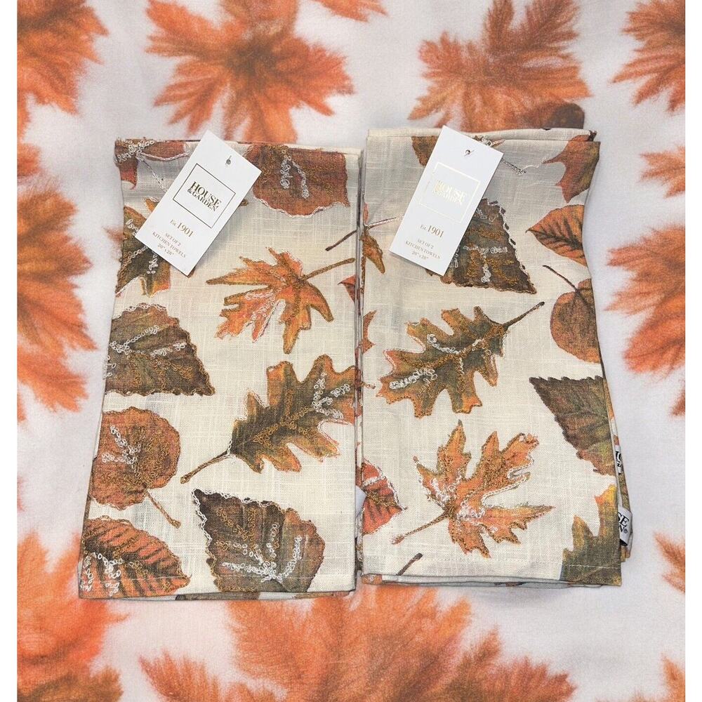 NWT 2 sets‎ of HOUSE & GARDEN KITCHEN TOWELS (2 each) Embroidered Fall LEAVES